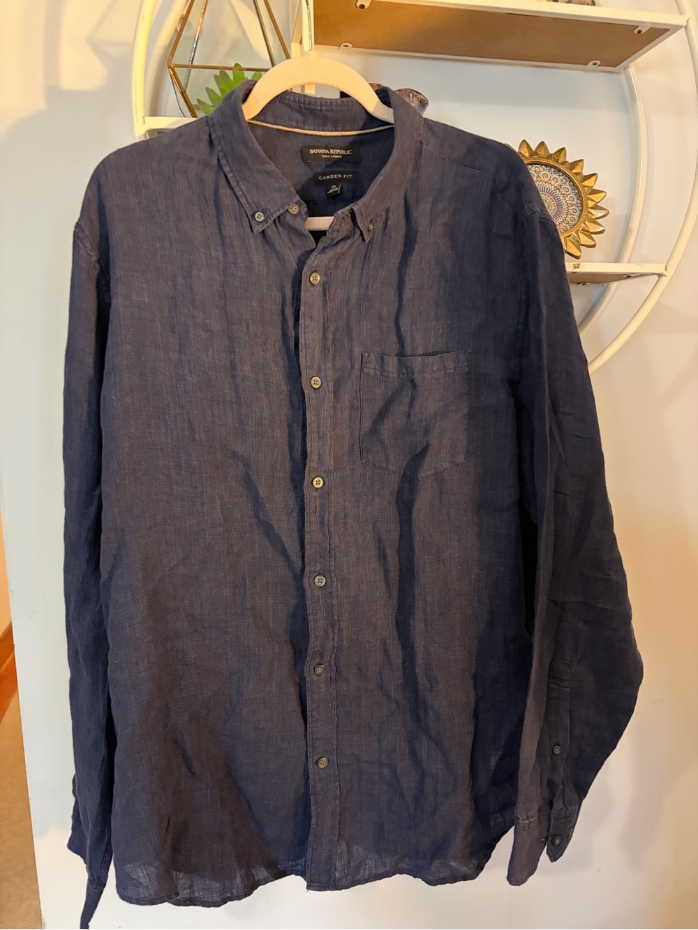 Banana Republic Men's XL Extra Large Camden Fit Dark Navy Linen Button-Down